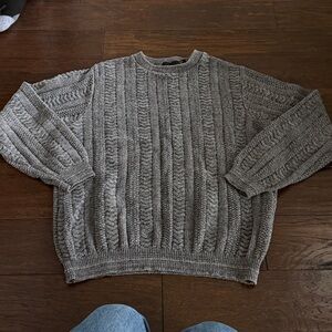Vintage 90s Bill Blass Gray Wool Blend Cable-Knit Pullover Sweater Crew Neck